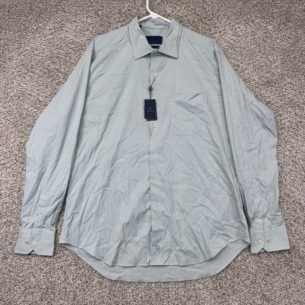 NEW David Donahue Dress Shirt Men's XL Fusion Performance Green Blue Check Nylon
